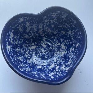 Blue & White Spongeware Heart Shaped Bowl, Studio Pottery Signed